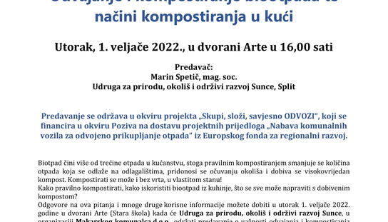 Predavanje  ,,Odvajanje i kompostiranje biootpada te načini kompostiranja u kući''  1. veljače u dvorani Arte